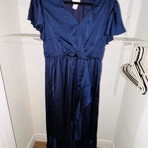 Nicole Miller Blue Flutter Sleeve Wrap Maxi Dress